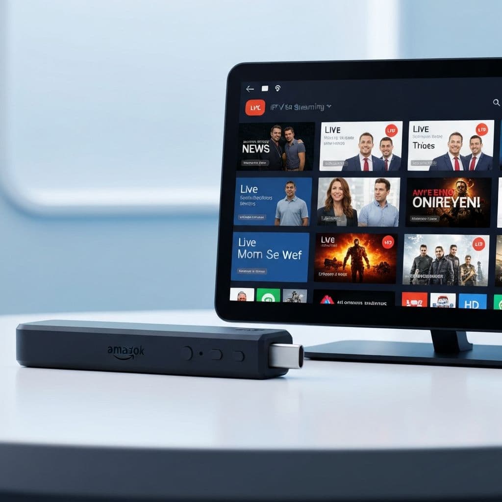 Amazon Fire Stick with IPTV streaming showing channels