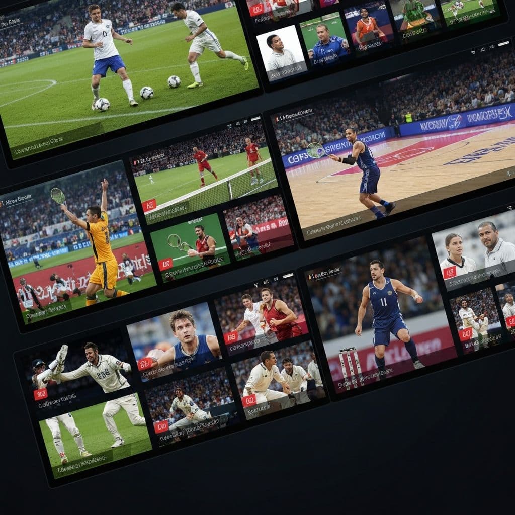 Multiple live sports screens showing football, cricket, tennis, and basketball